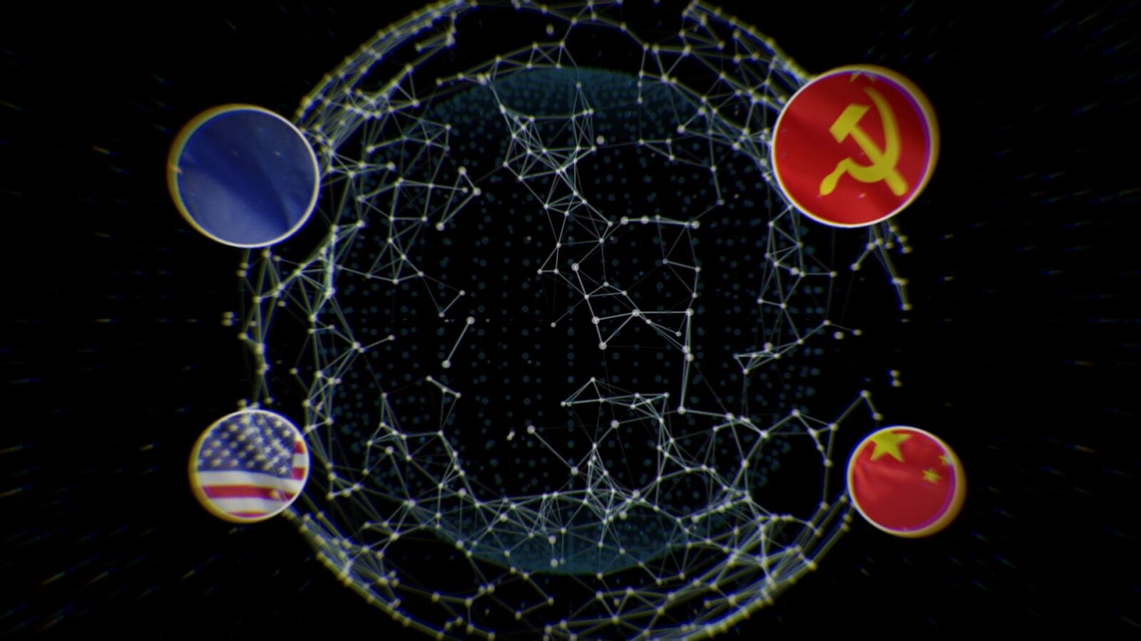 Film still: a network globe with the flags of the Soviet Union, the United States and China