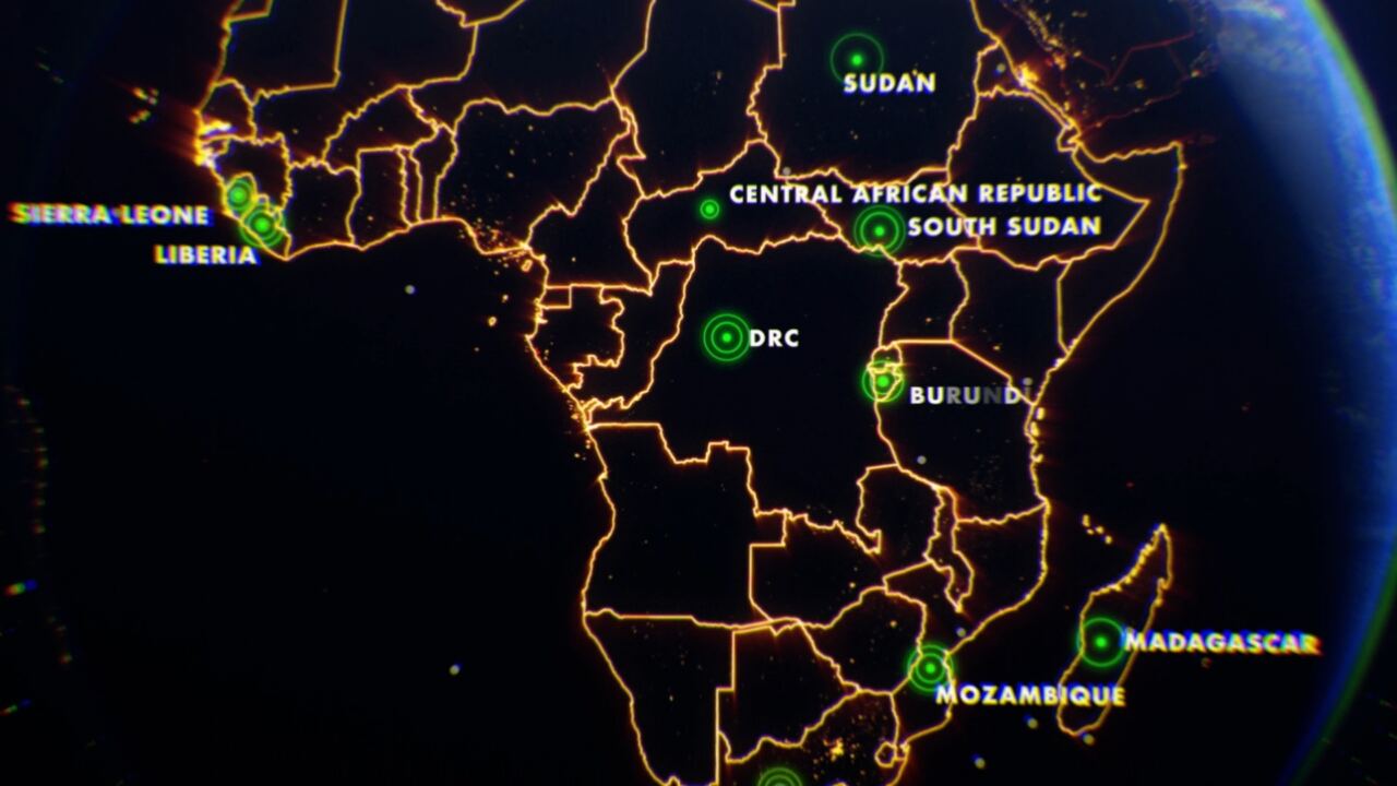 Film still: a map of Africa marking countries where ACCORD has worked