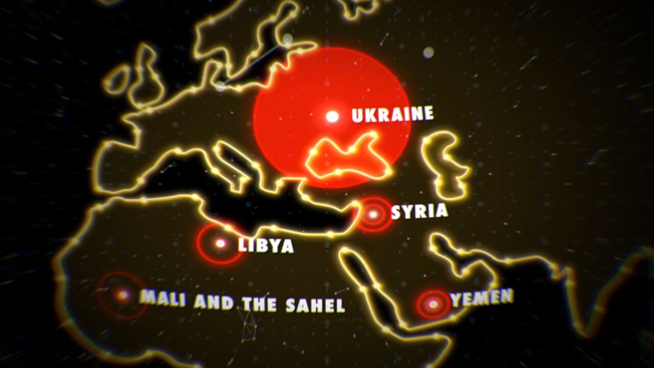 Film still: a map marking conflicts in Ukraine, Syria, Libya, Yemen, Mali and the Sahel