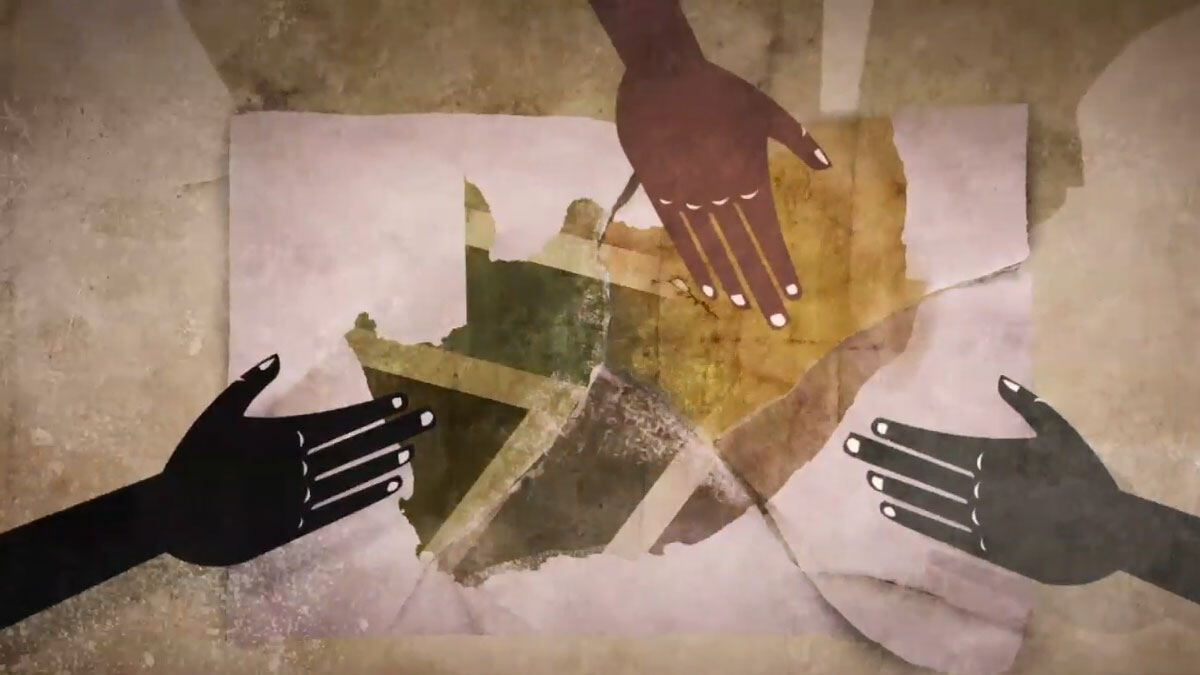 Animation still: hands placing the pieces of a map of Africa together