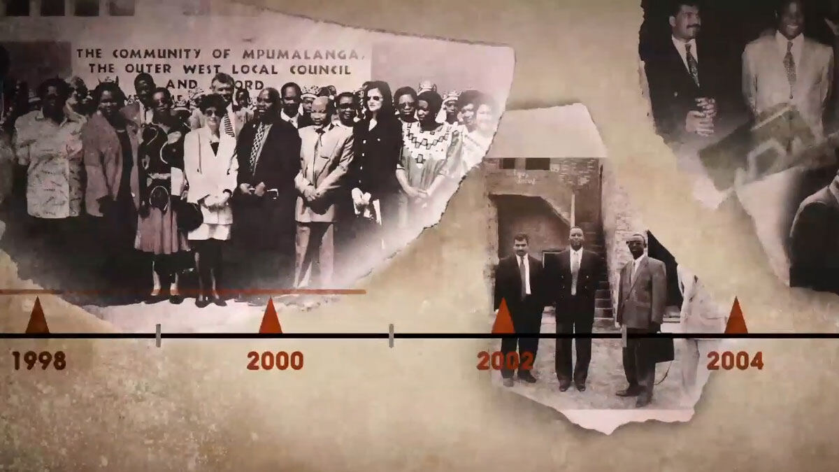 Animation still: archive photographs of community meetings along a timeline from 1998 to 2004