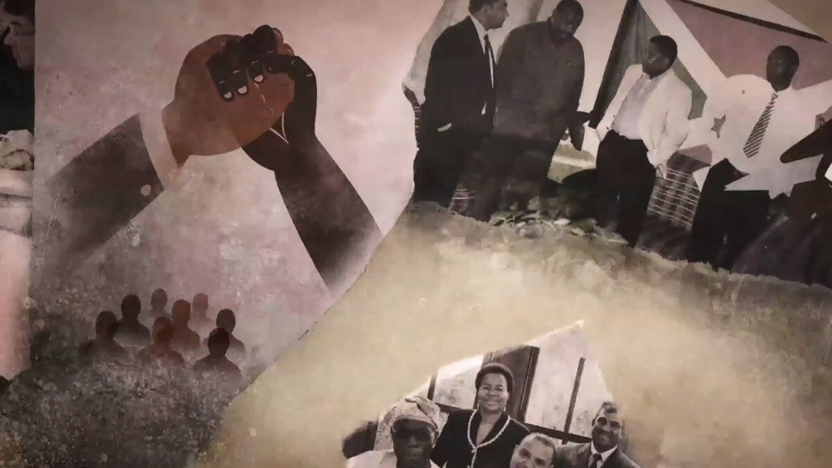 Animation still: a handshake over archive photographs of community leaders