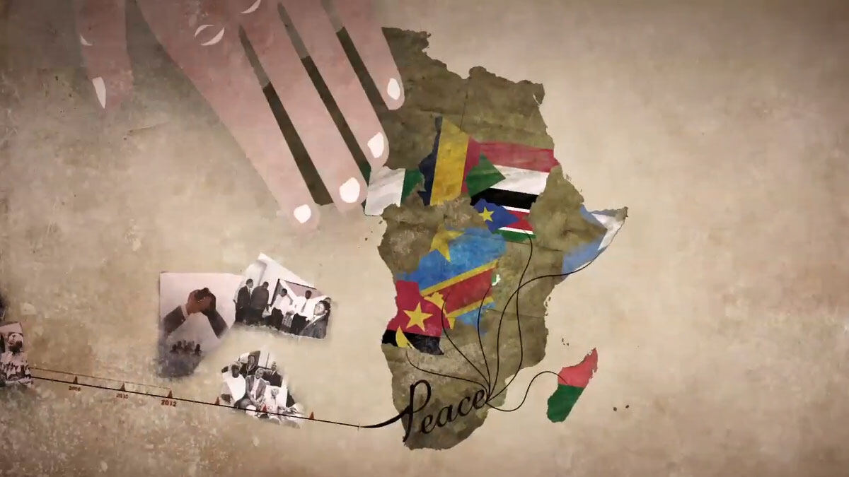 Animation still: a thread labelled peace drawn across a map of Africa marked with national flags