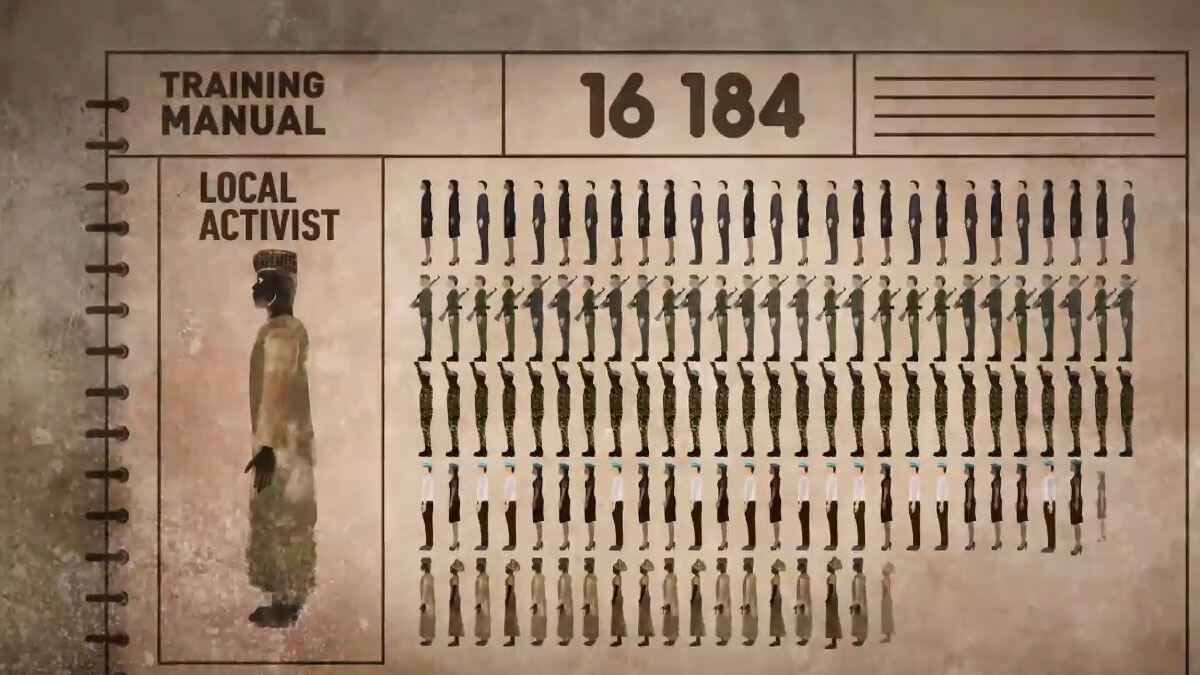 Animation still: a training manual page showing rows of trained local activists