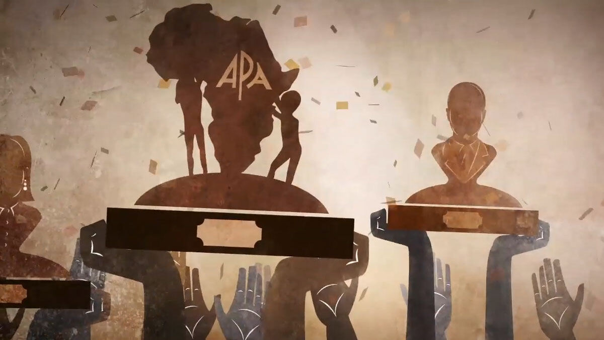 Animation still: hands raising awards and a map of Africa