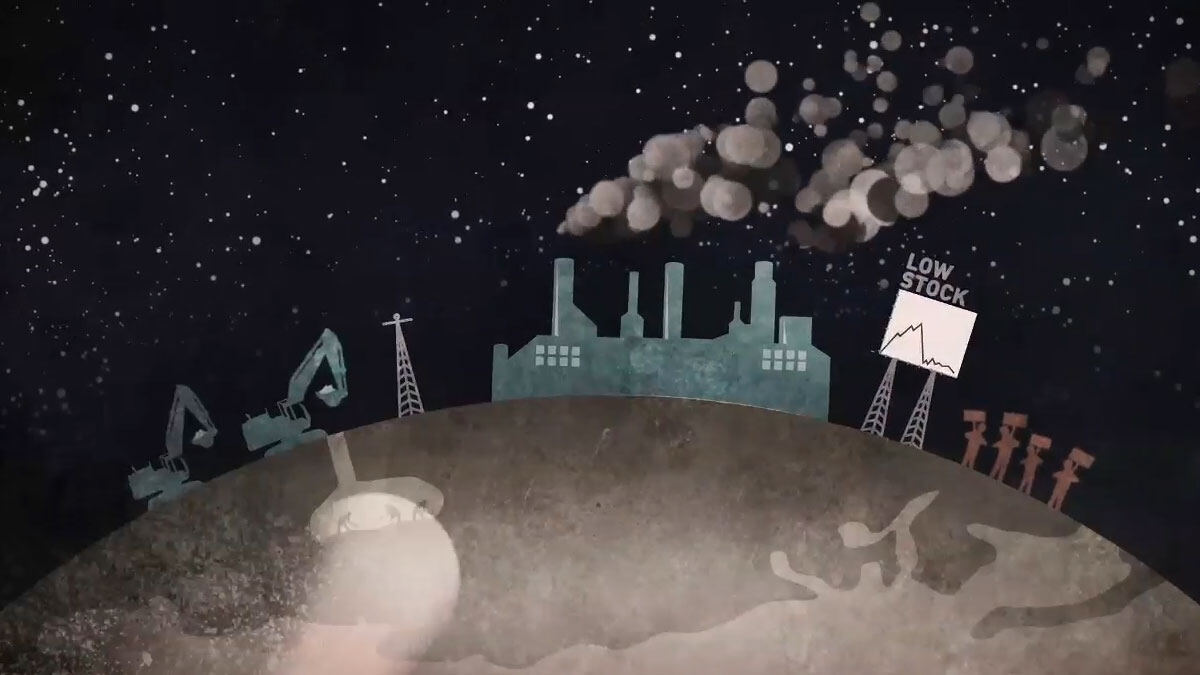 Animation still: mines, factories and falling stocks on a globe at night
