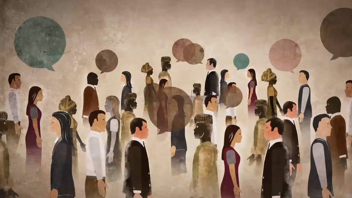 Animation still: a crowd of people from different backgrounds in conversation