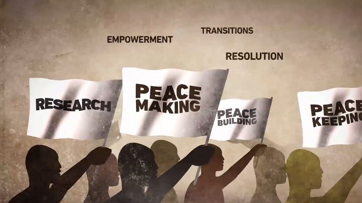Animation still: people carrying flags reading research, peacemaking, peacebuilding and peacekeeping