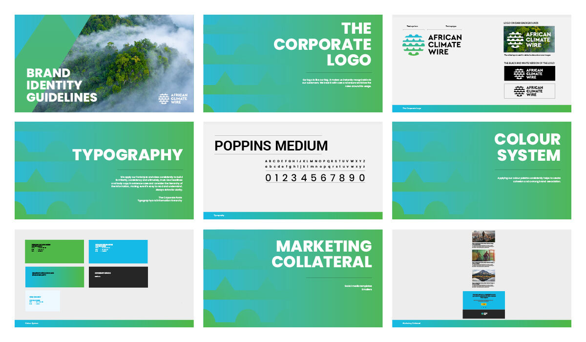 Pages from the African Climate Wire brand identity guidelines