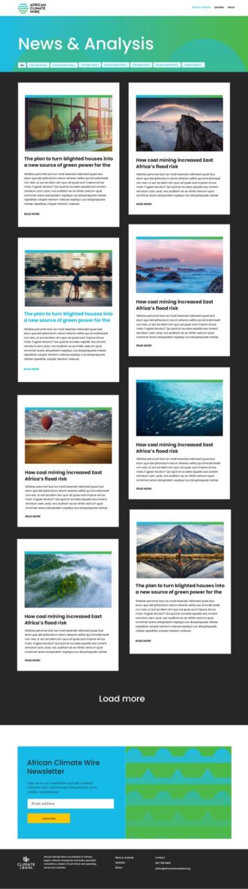 The News & Analysis page with topic filters and story cards