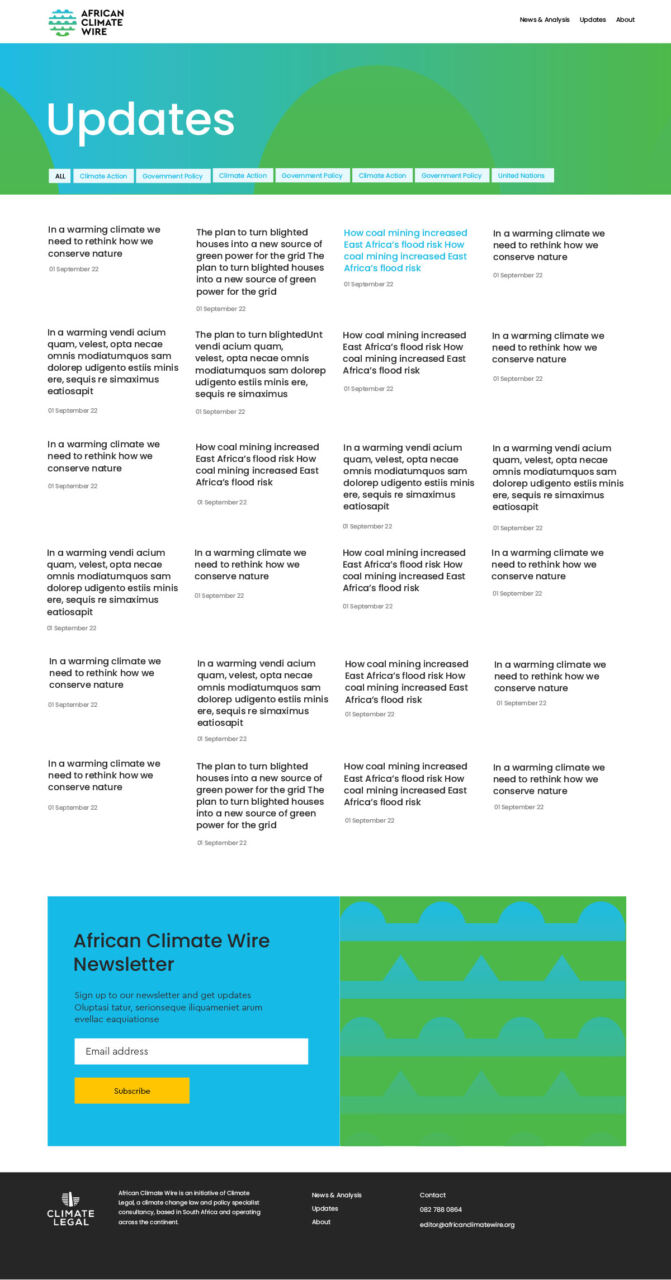 The Updates page, a list of short news items with topic filters