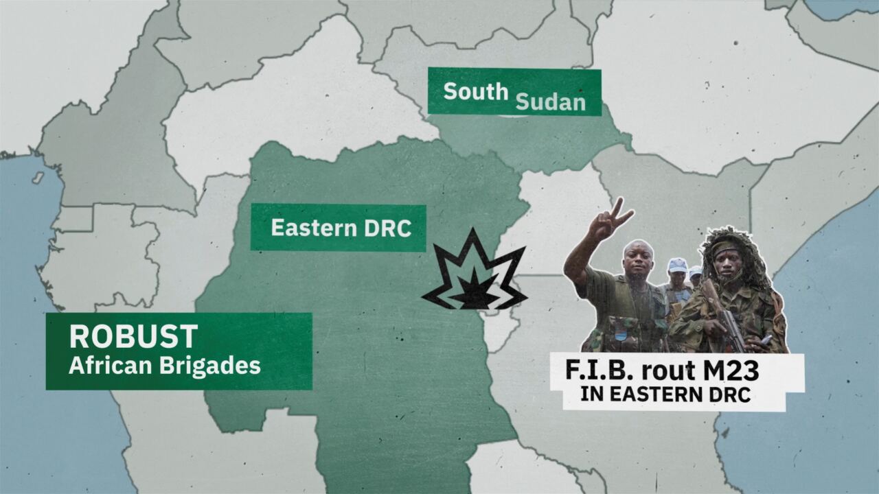 Film still: an animated map of eastern DRC and South Sudan, labelled robust African brigades