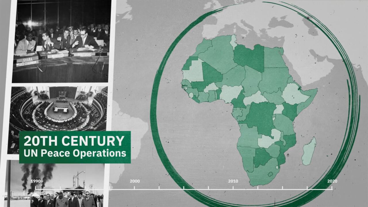 Film still: archive photographs and a map of Africa, labelled 20th century UN peace operations