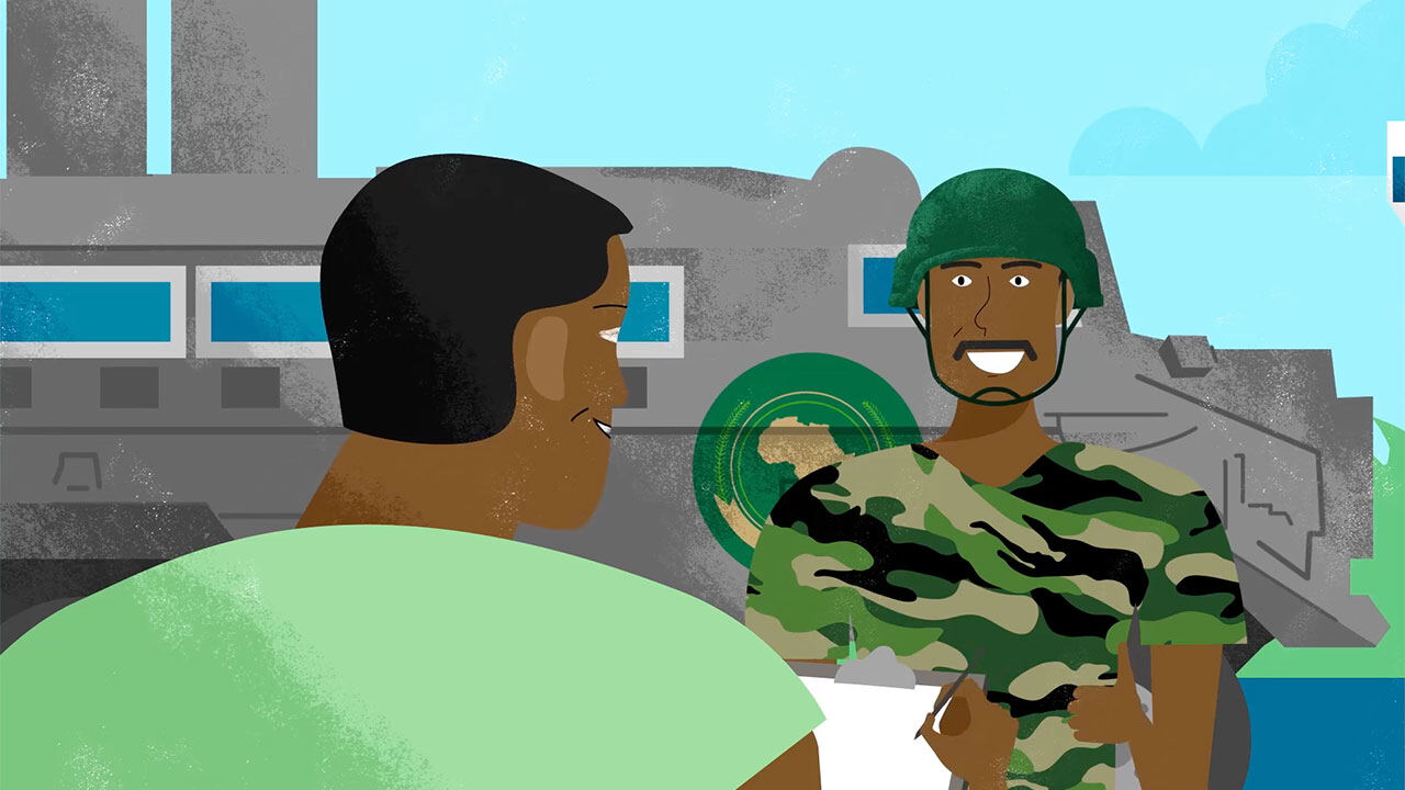 Animation still: a civilian expert and a soldier shaking hands