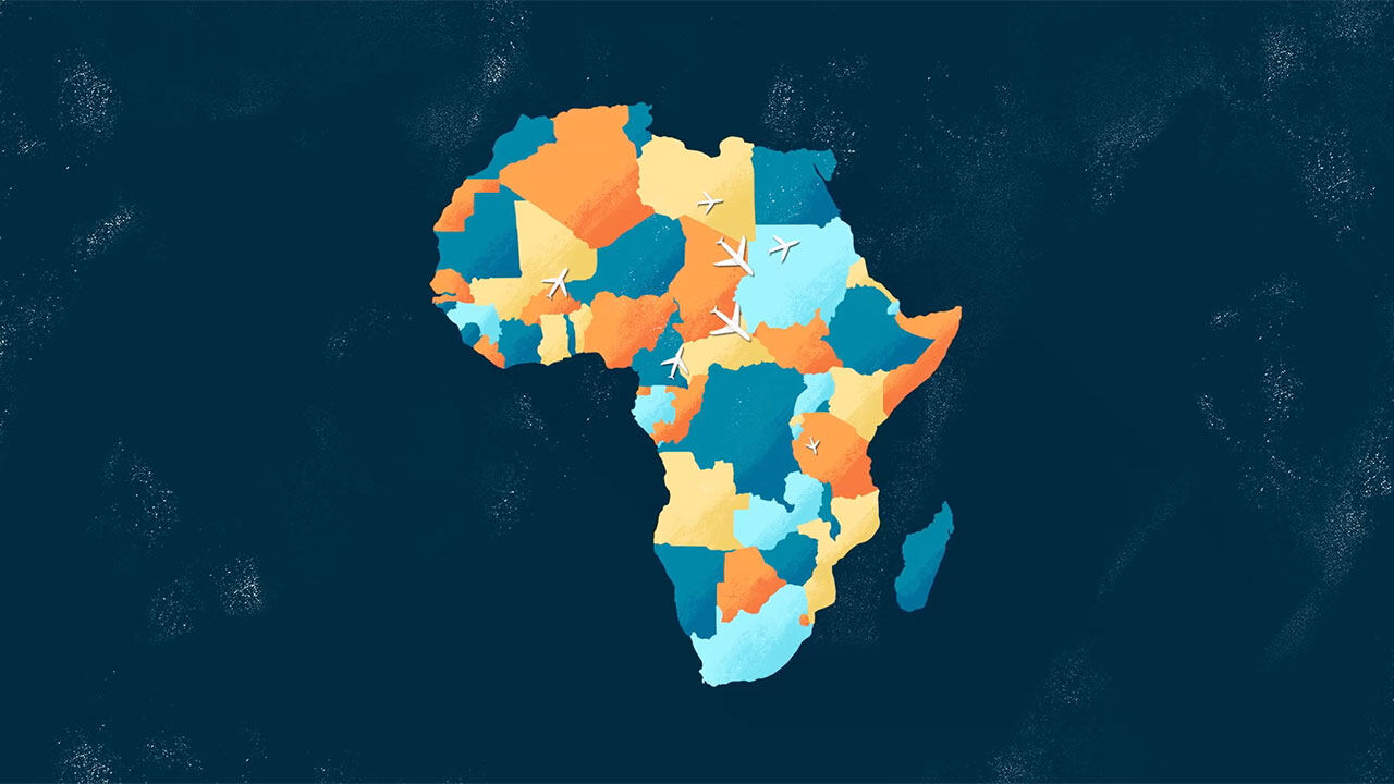 Animation still: a map of Africa with planes flying between countries