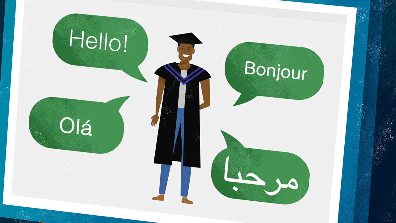 Animation still: a graduate surrounded by greetings in English, French, Portuguese and Arabic