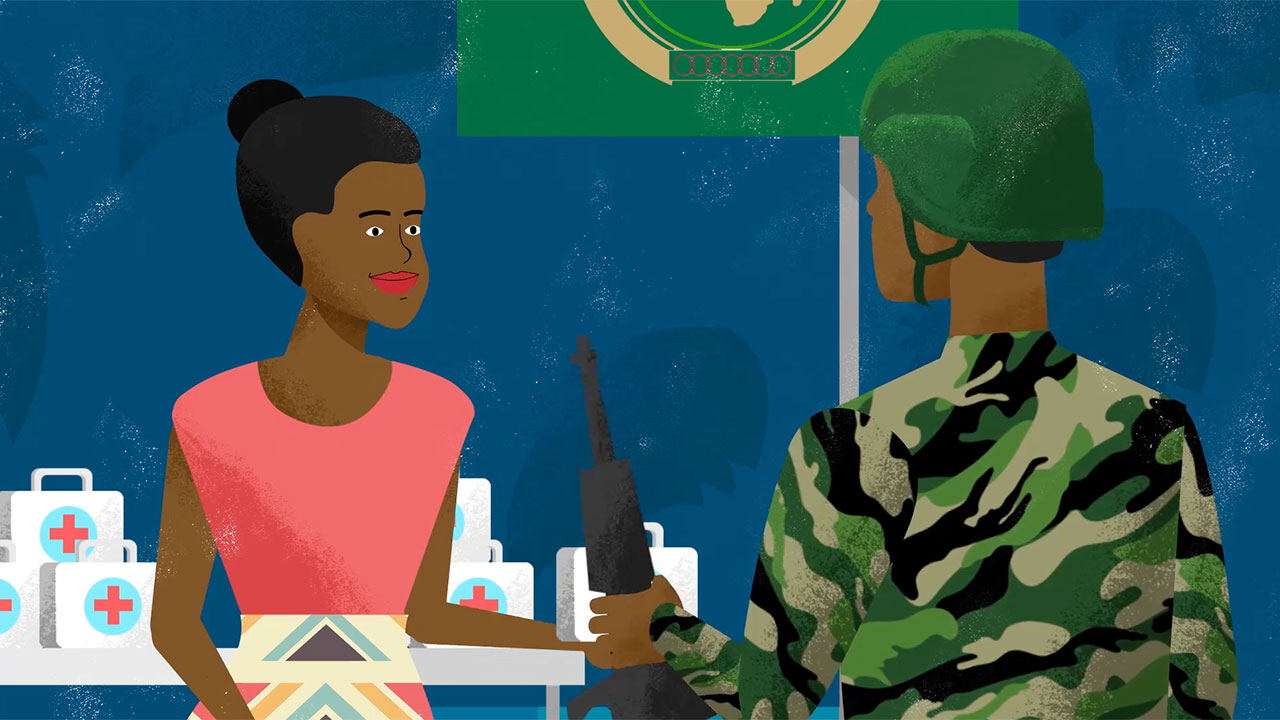 Animation still: a civilian expert and a soldier working together at a mission