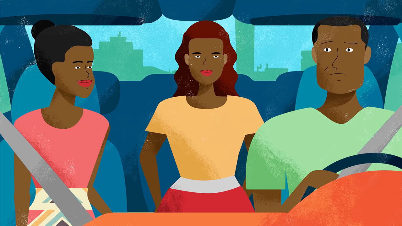 Animation still: colleagues travelling together by car