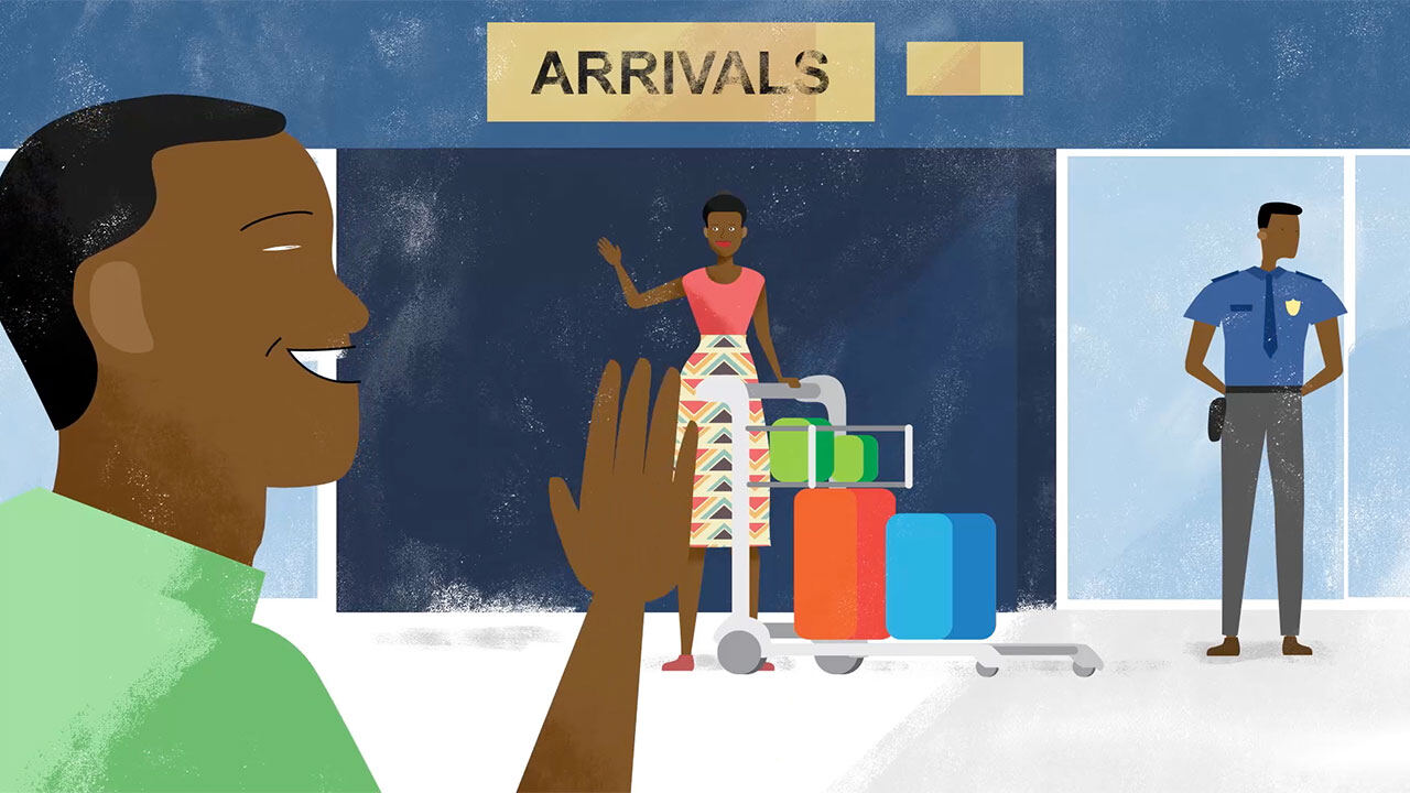 Animation still: the expert being welcomed in the arrivals hall