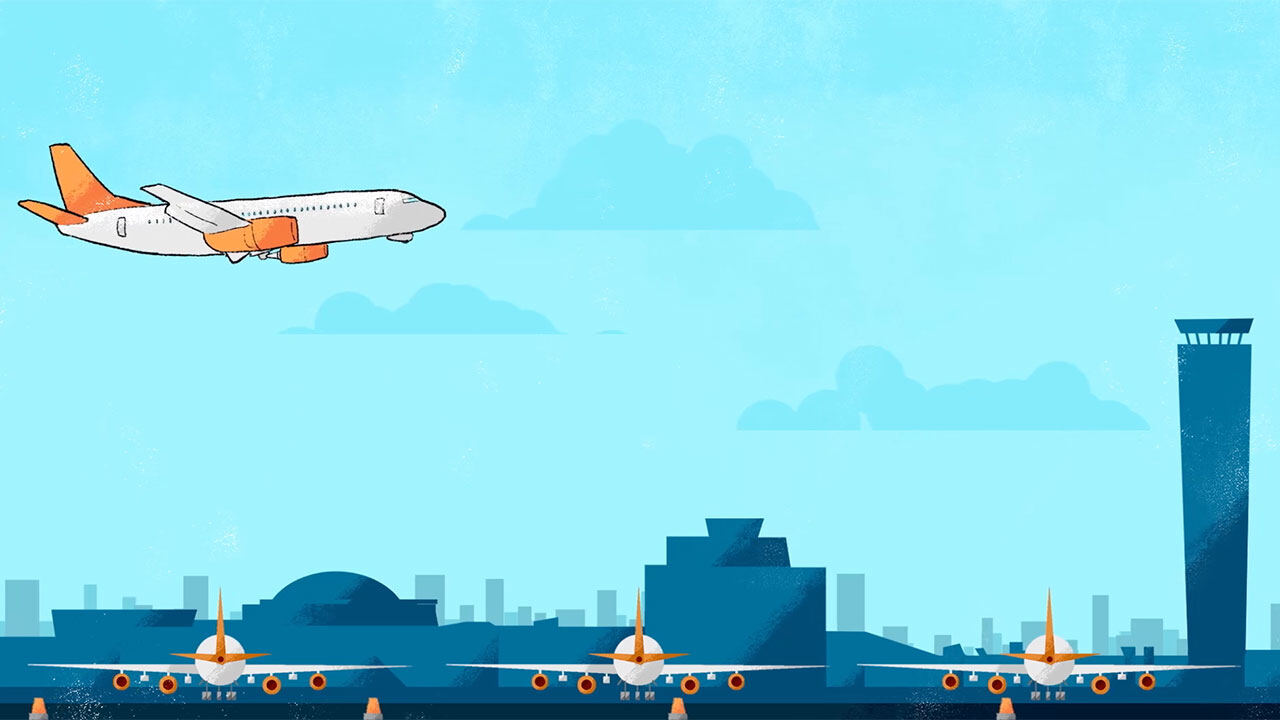 Animation still: a plane taking off from an airport