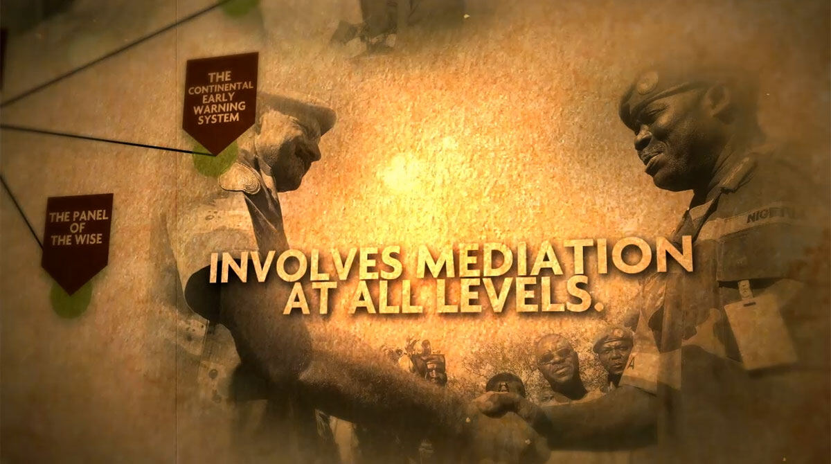 Film still: archive photographs under the words ‘involves mediation at all levels’