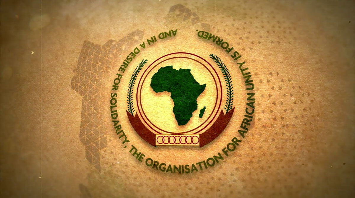 Film still: the emblem of the Organisation of African Unity, formed in a desire for solidarity