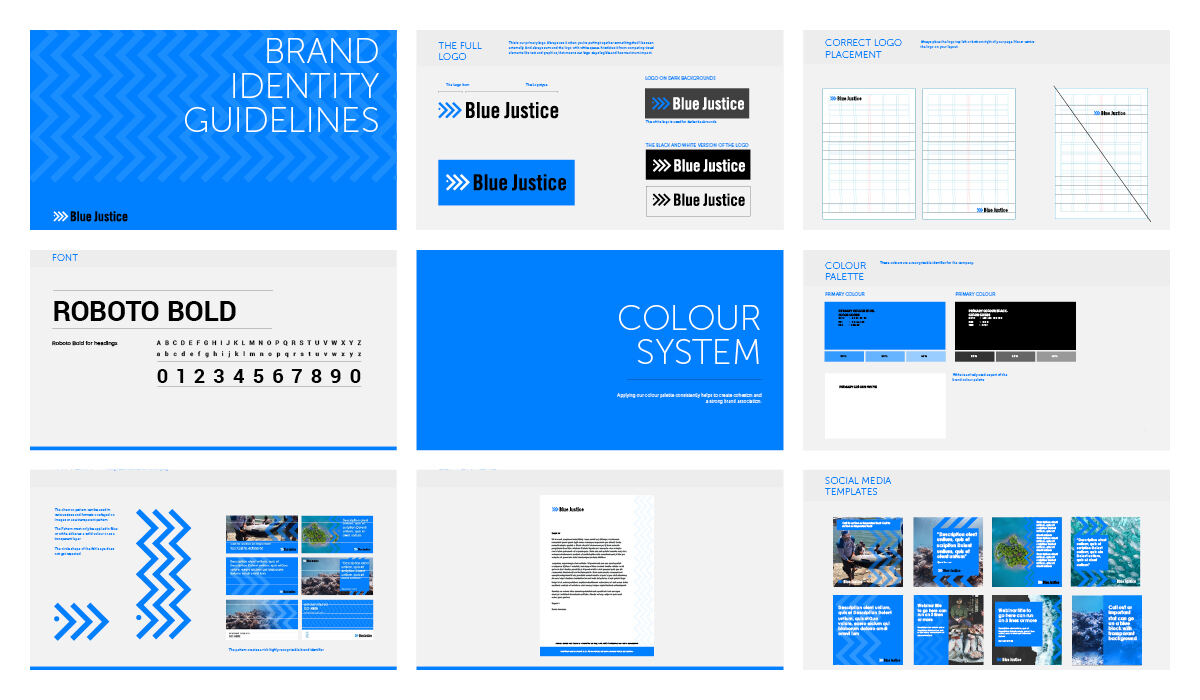 Pages from the Blue Justice brand identity guidelines