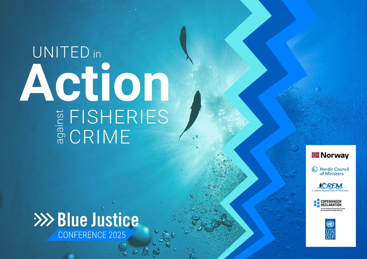 The Blue Justice Conference 2025 identity: United in Action against Fisheries Crime over underwater photography