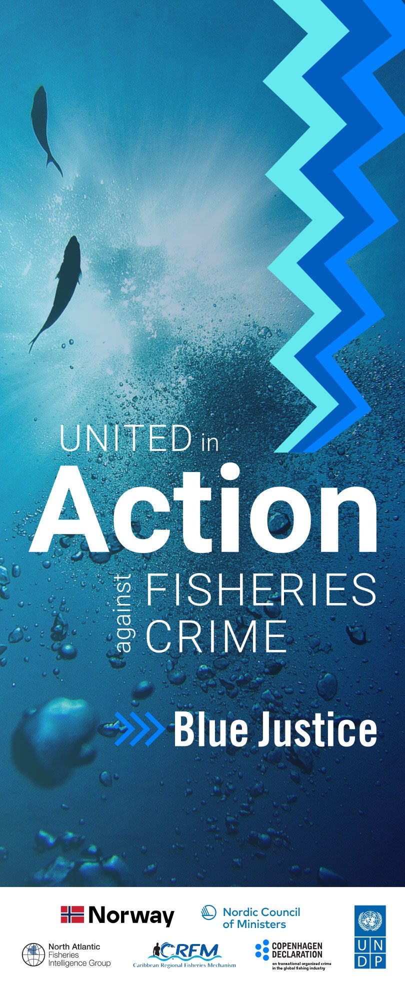 A Blue Justice roll-up banner: United in Action against Fisheries Crime