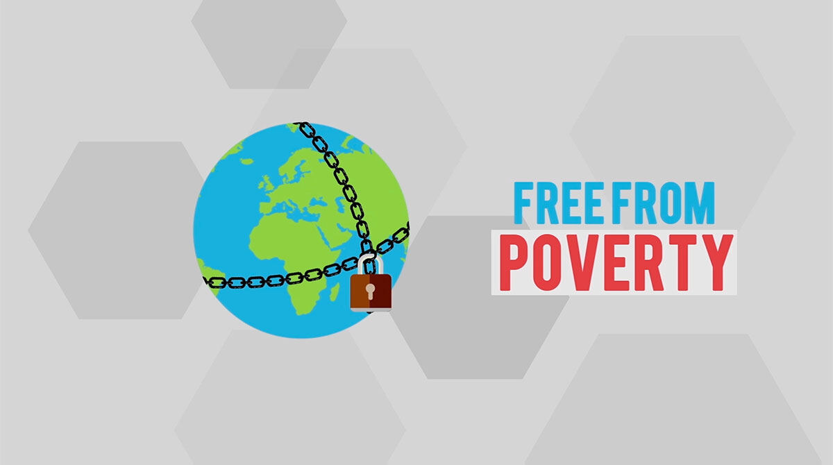 Animation still: a chained globe beside the words Free from poverty