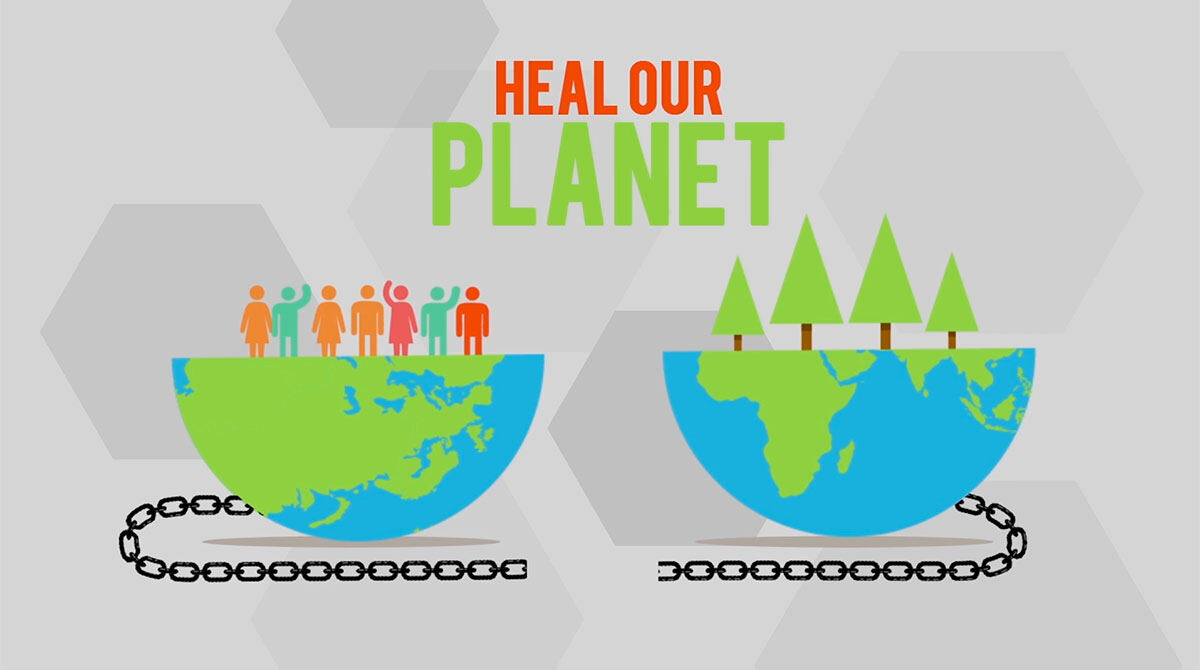 Animation still: two halves of the globe under the words Heal our planet
