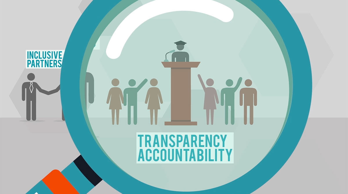 Animation still: a magnifying glass over a speaker and audience, labelled Transparency and accountability