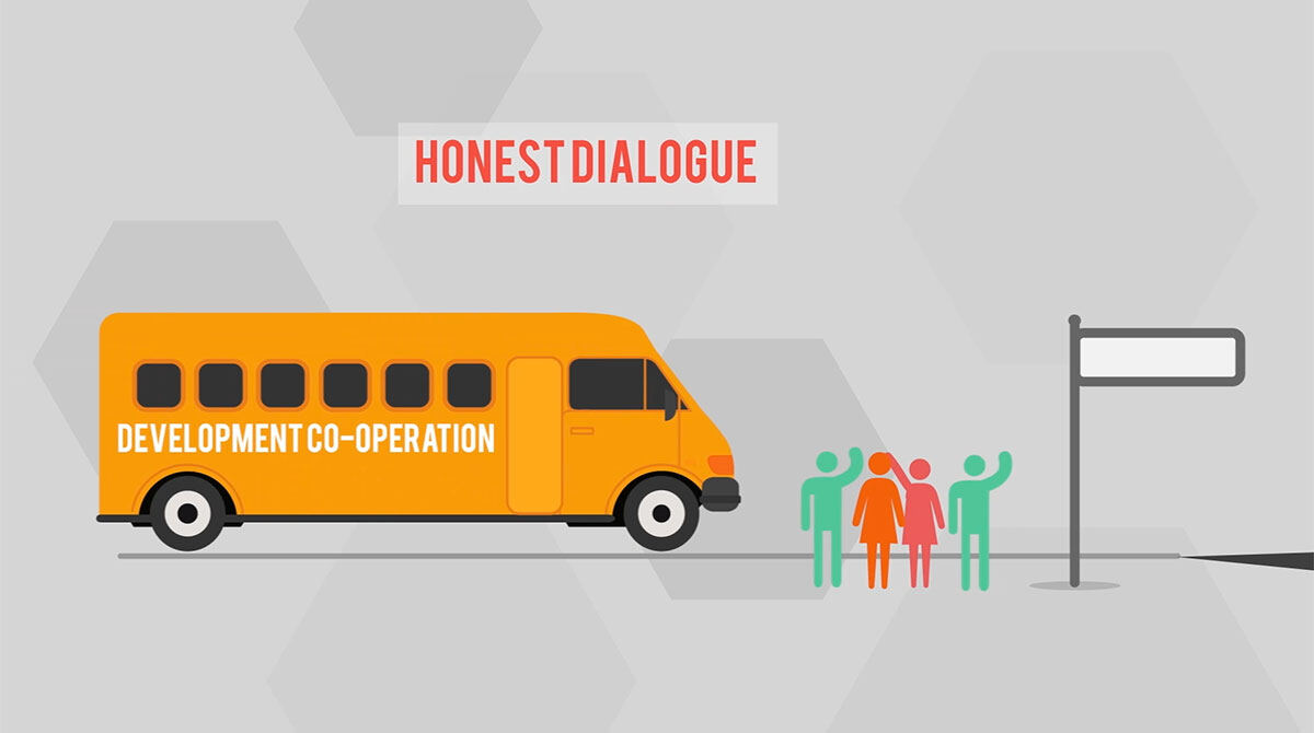 Animation still: a development co-operation bus stopping for people, labelled Honest dialogue