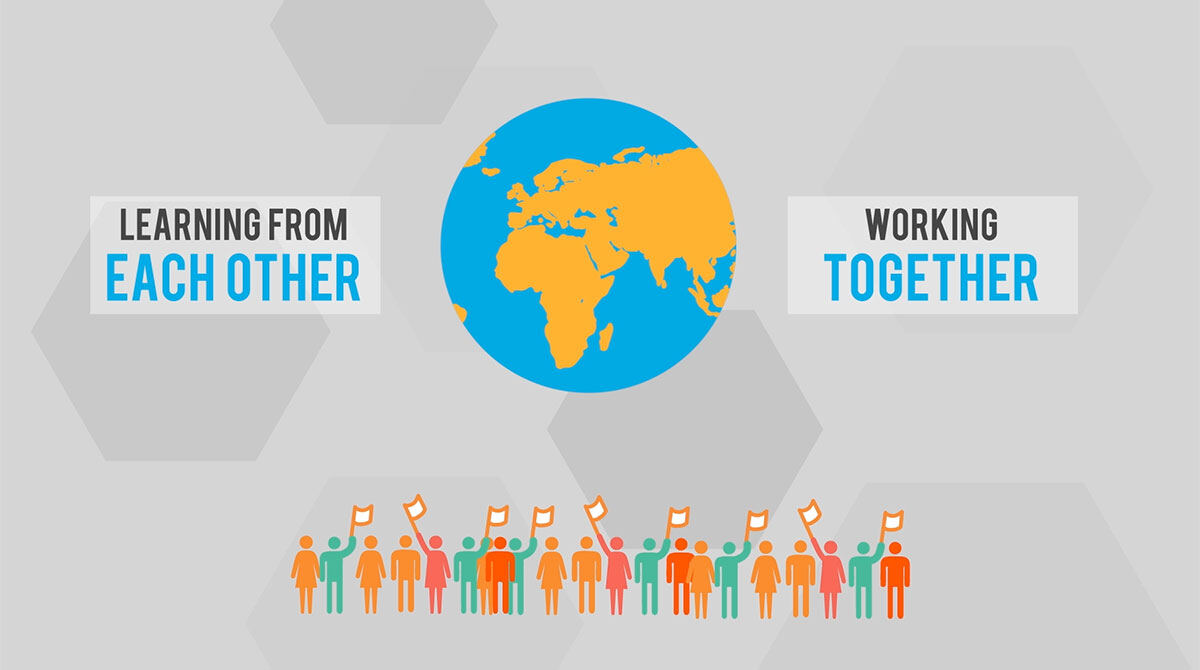 Animation still: people around a globe, labelled Learning from each other and Working together