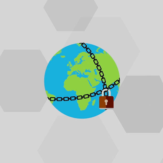 Animation still: a globe bound in chains and a padlock