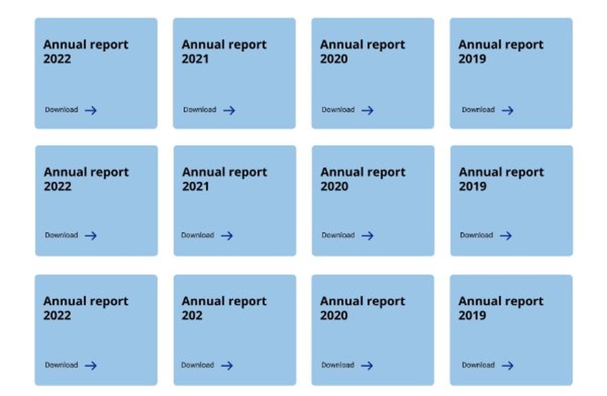 Grid of annual reports, each with a download link