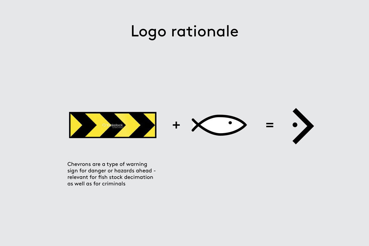 The FishCRIME logo rationale: a hazard chevron plus a fish becomes a forward arrow