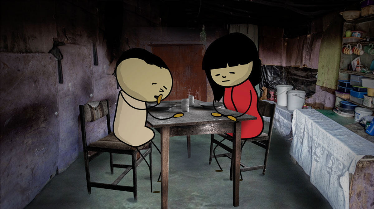 Animation still: two characters at a table in a dark, polluted city