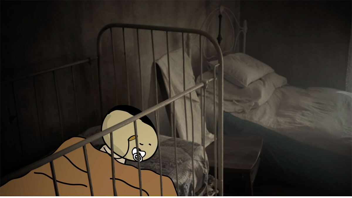 Animation still: a sick baby in a cot