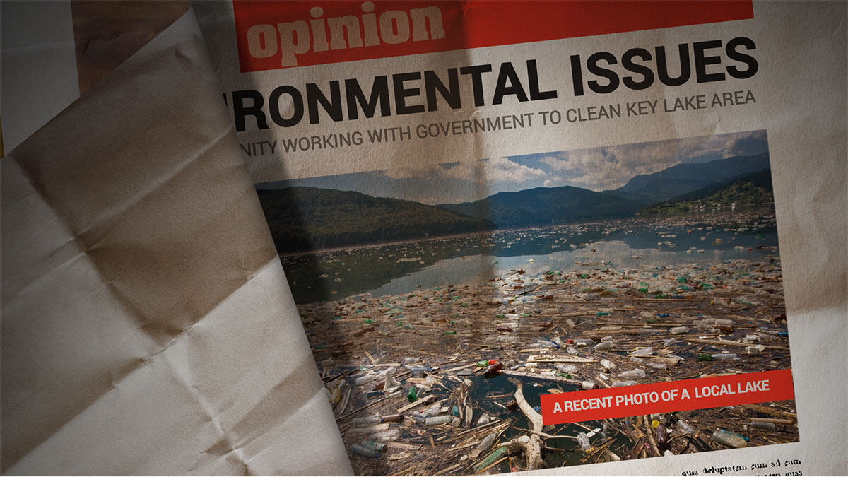 Animation still: a newspaper story about a polluted lake