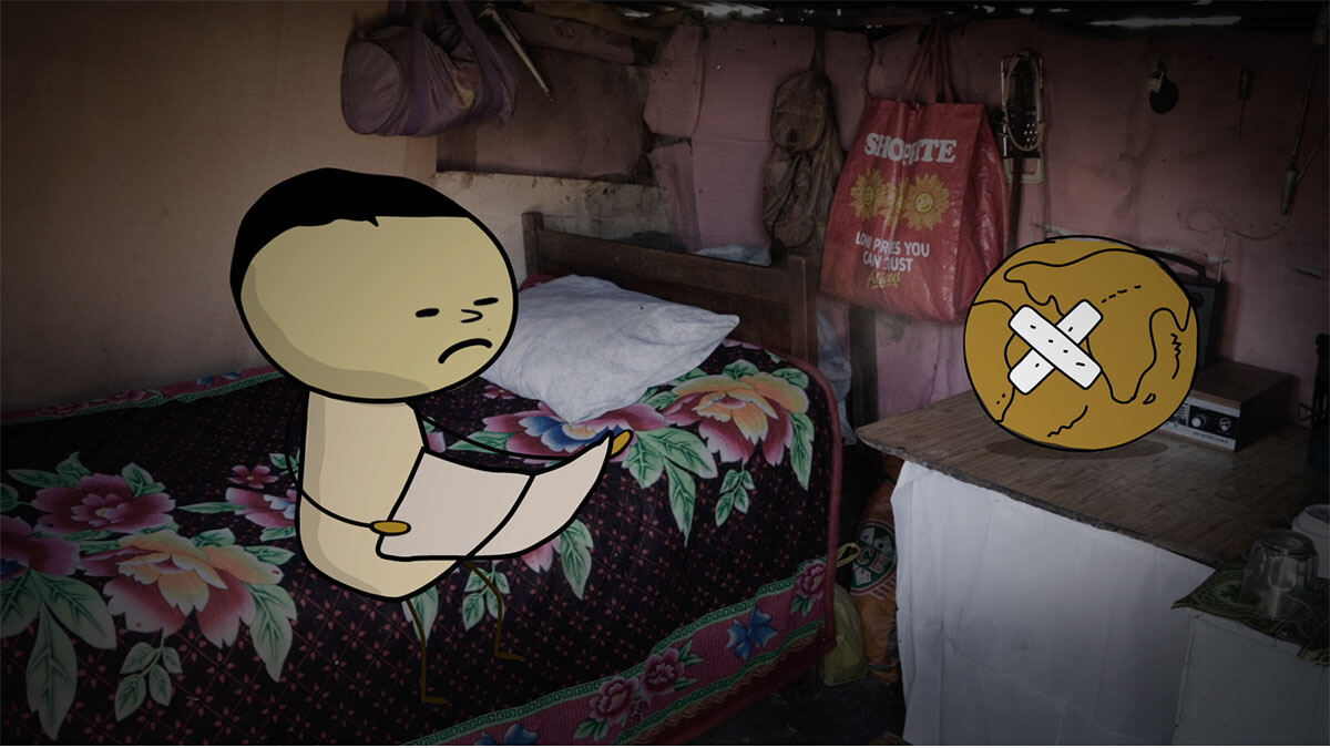 Animation still: a man sitting on his bed holding a bandaged globe