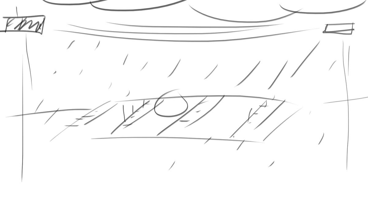 Storyboard sketch: a rainy city street
