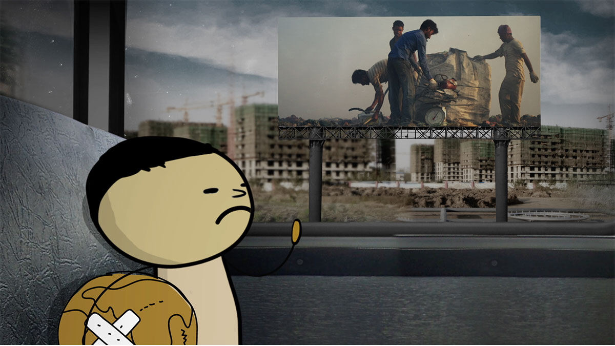 Animation still: the man passing a billboard of people sorting waste