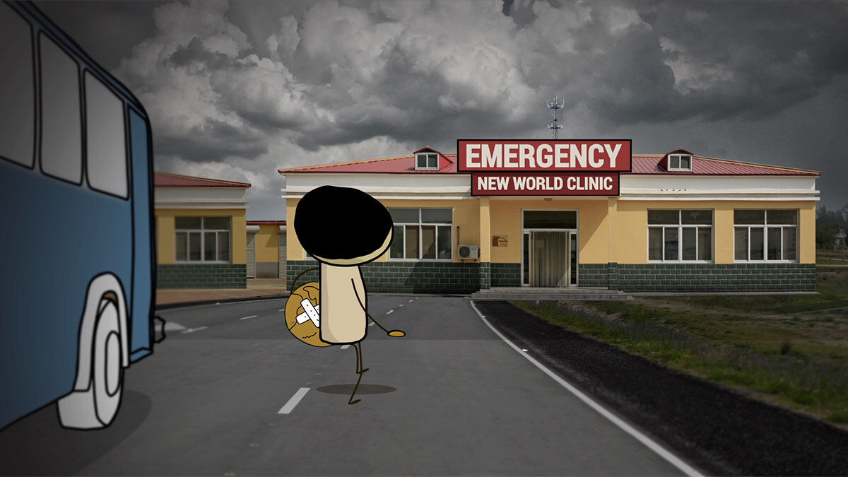 Animation still: the man arriving at the New World Clinic