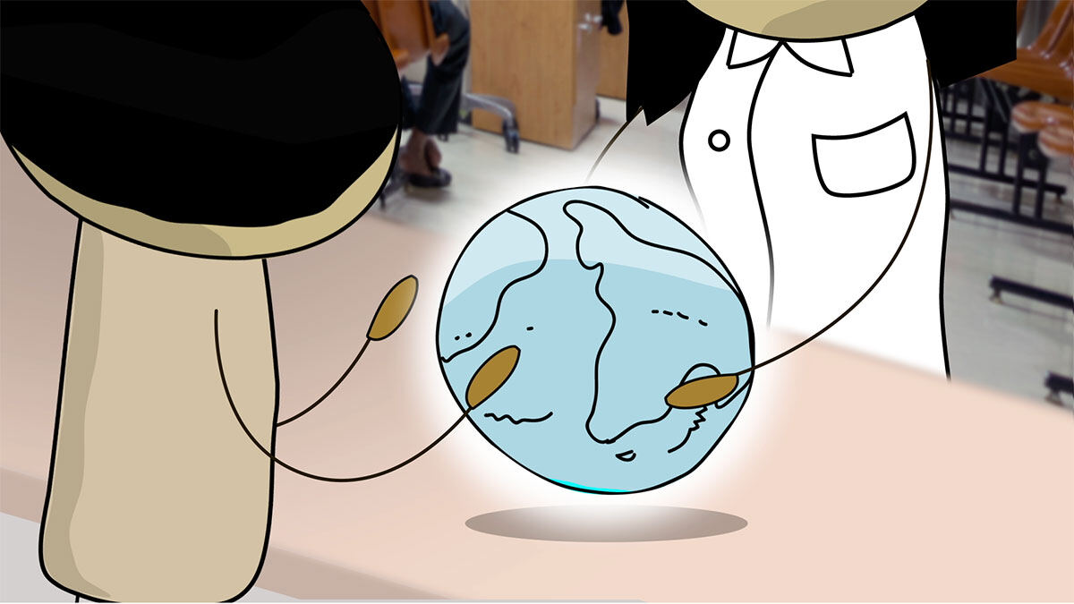 Animation still: a nurse handing the man a clean, healthy globe