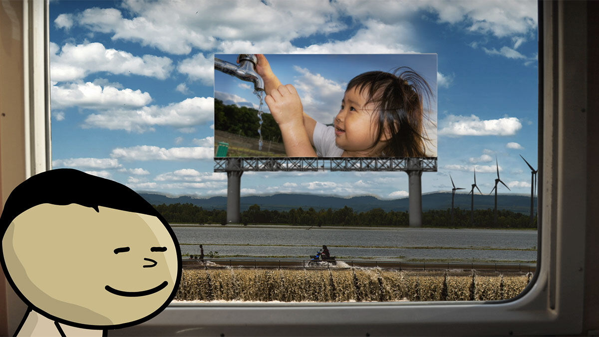 Animation still: the view from a train window of clean water, fields and wind turbines