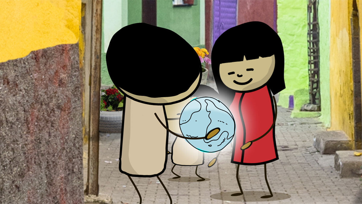 Animation still: the man giving the healthy globe to his wife