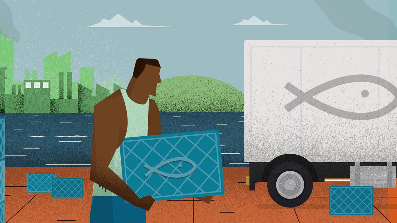 Animation still: a dock worker loading crates of fish onto a truck