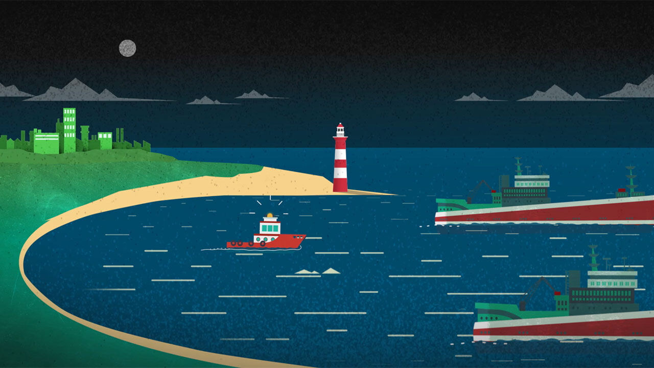 Animation still: fishing vessels off an island coast at night