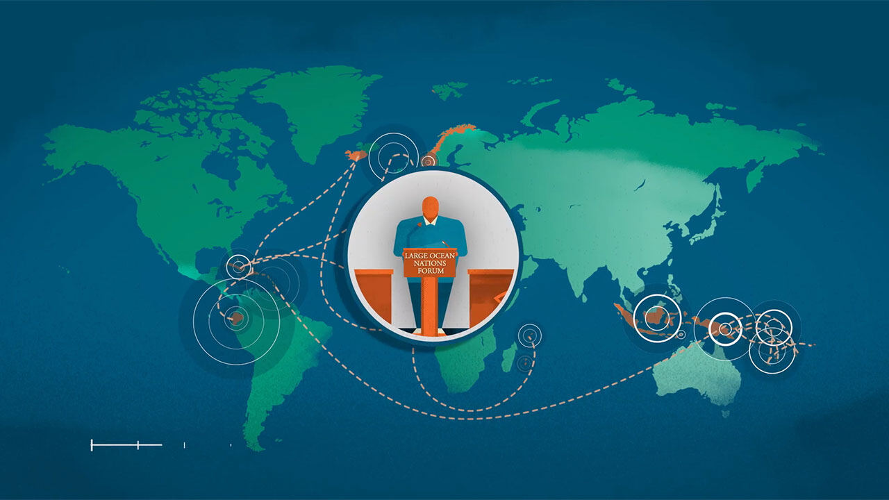 Animation still: a world map connecting island states
